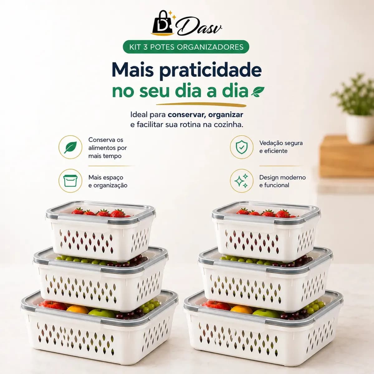 Conjunto Kit 6 Organizadores Geladeira Transparente Hermético